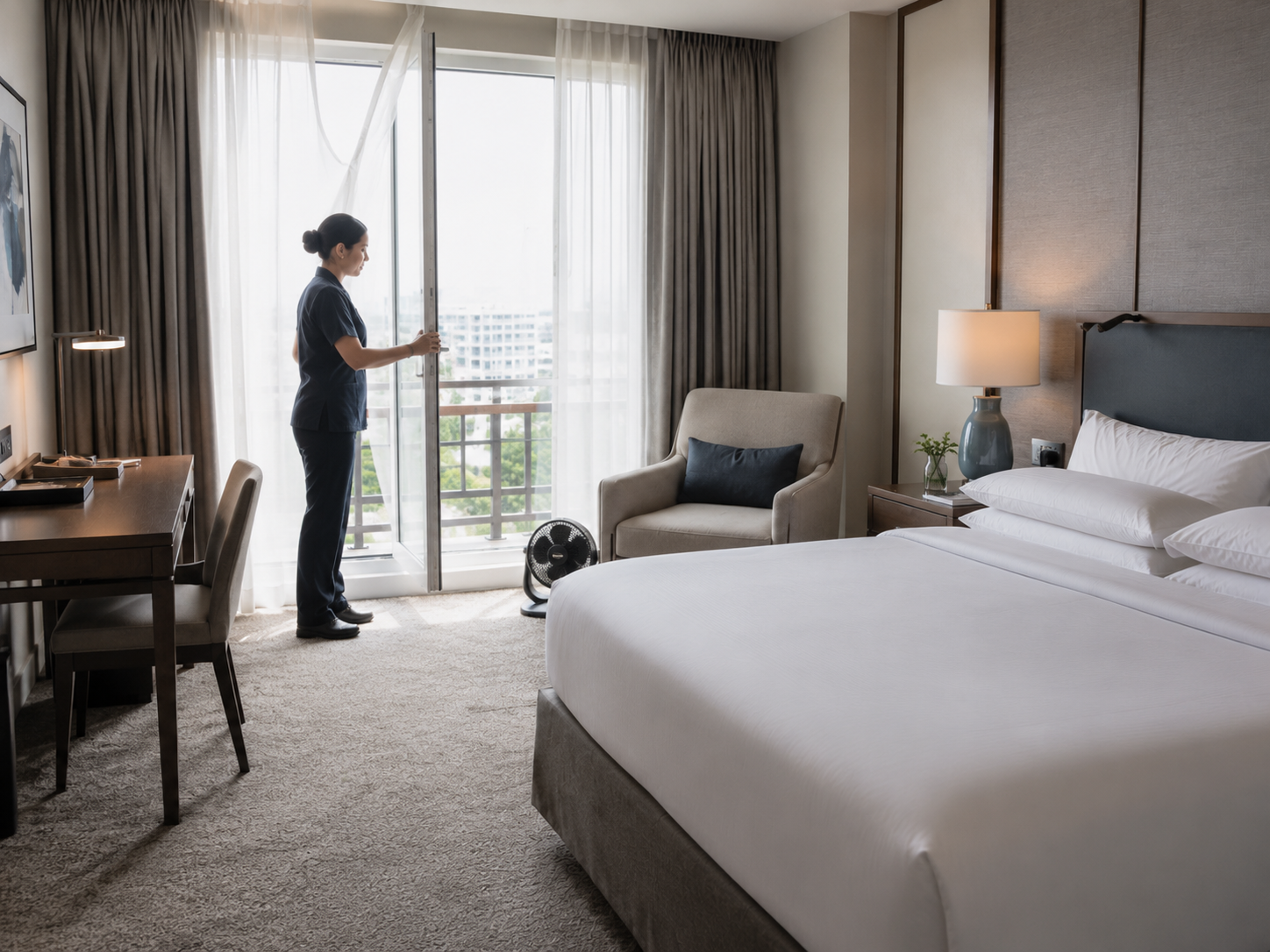 Housekeeper opening the balcony door with a fan running to ventilate the room.