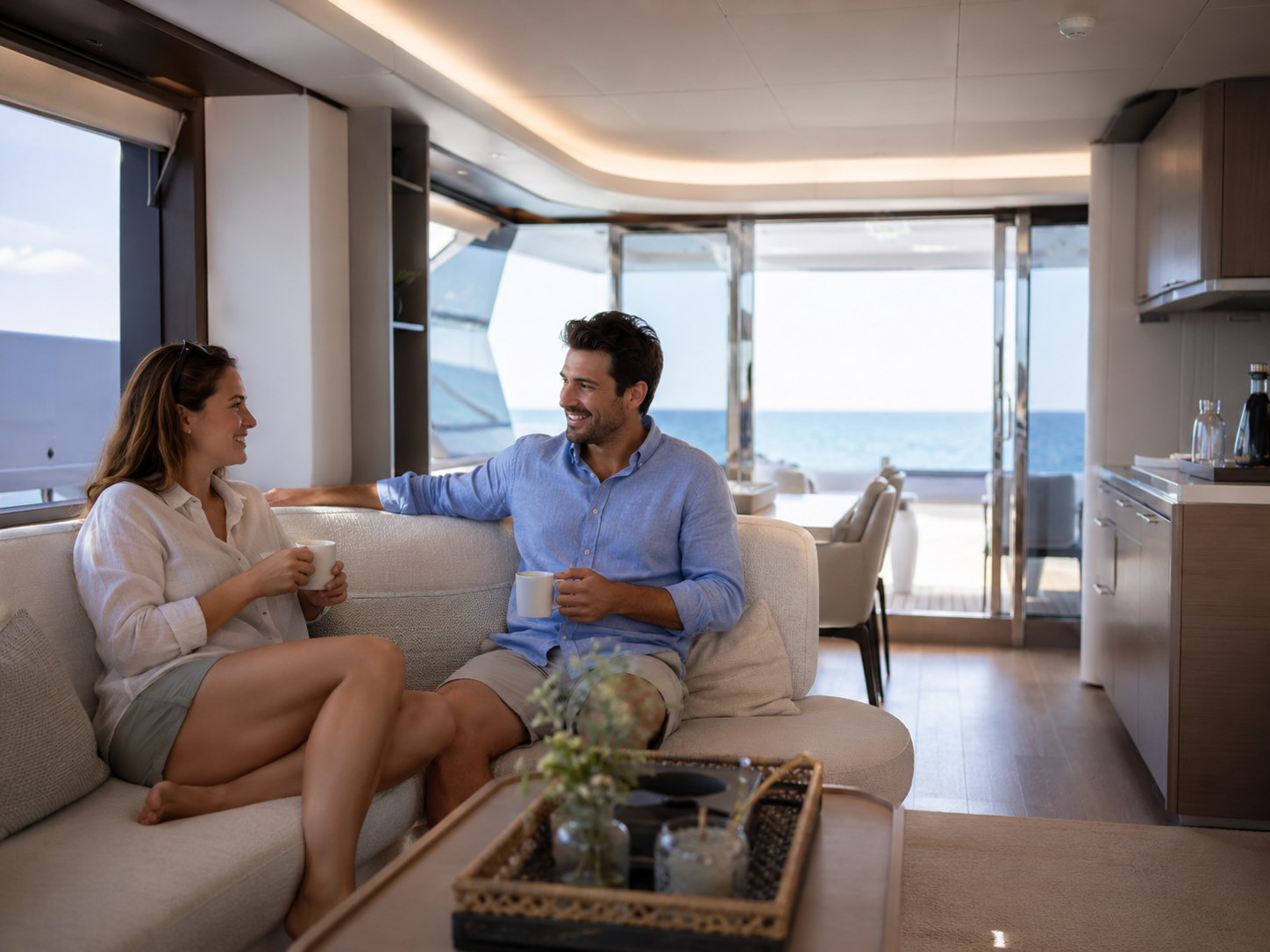 Two guests relaxing with coffee in a freshly recovered yacht salon.