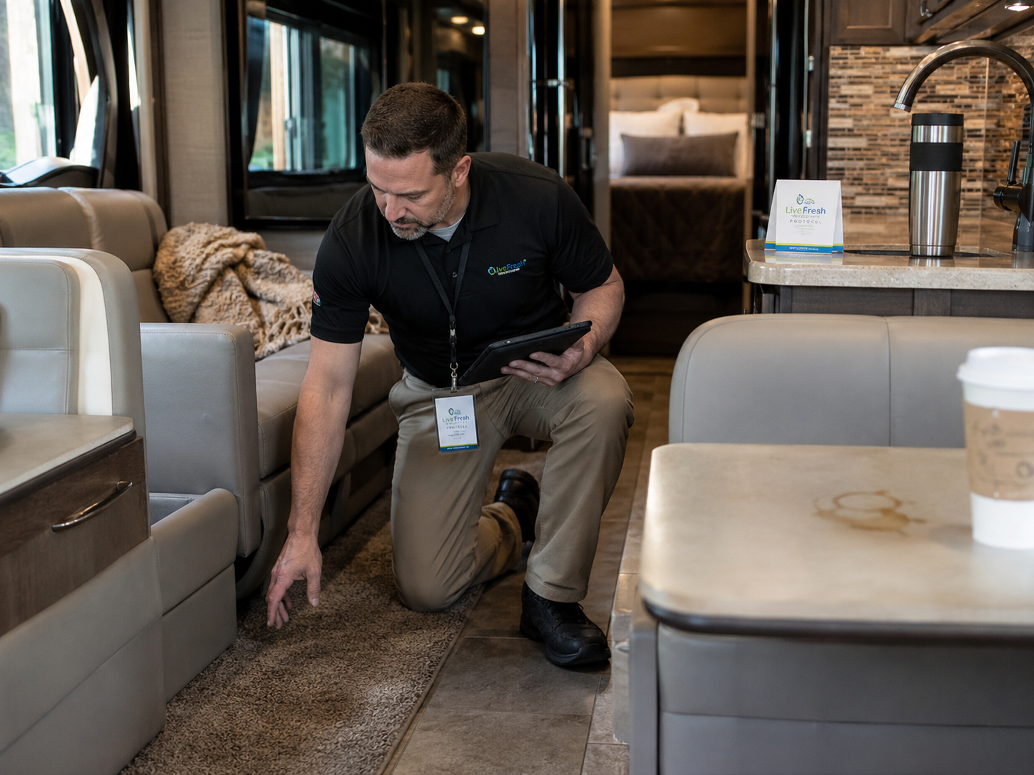 Recon technician inspecting an RV cabin with the Live Fresh protocol card staged on the galley counter.