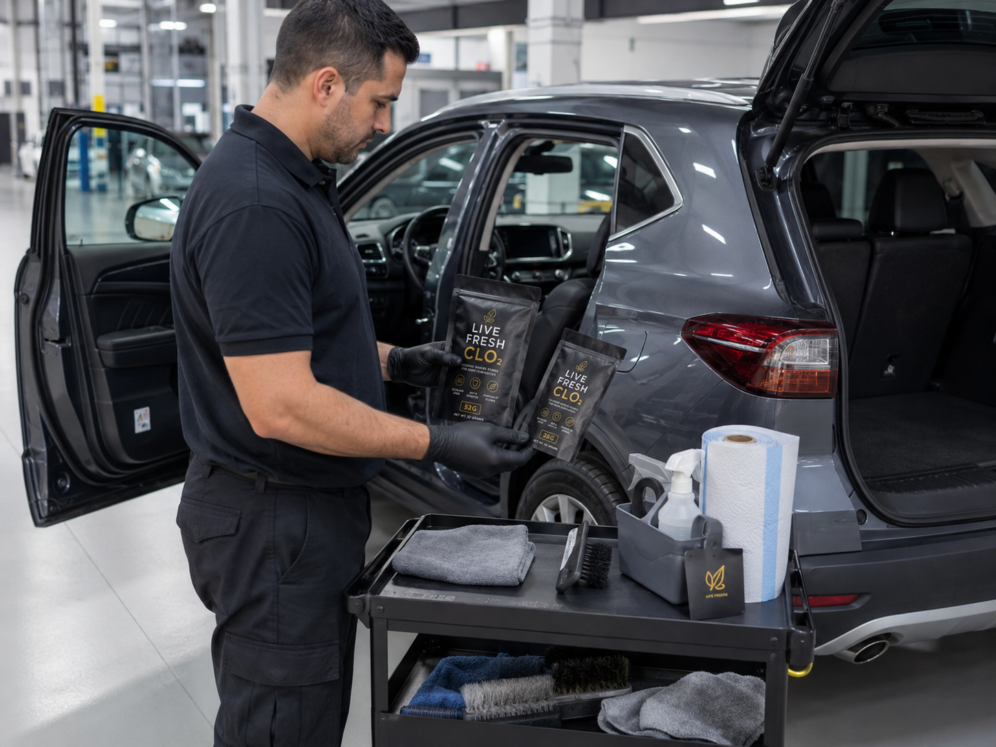 Operator preparing Live Fresh CLO₂ kit at the vehicle.