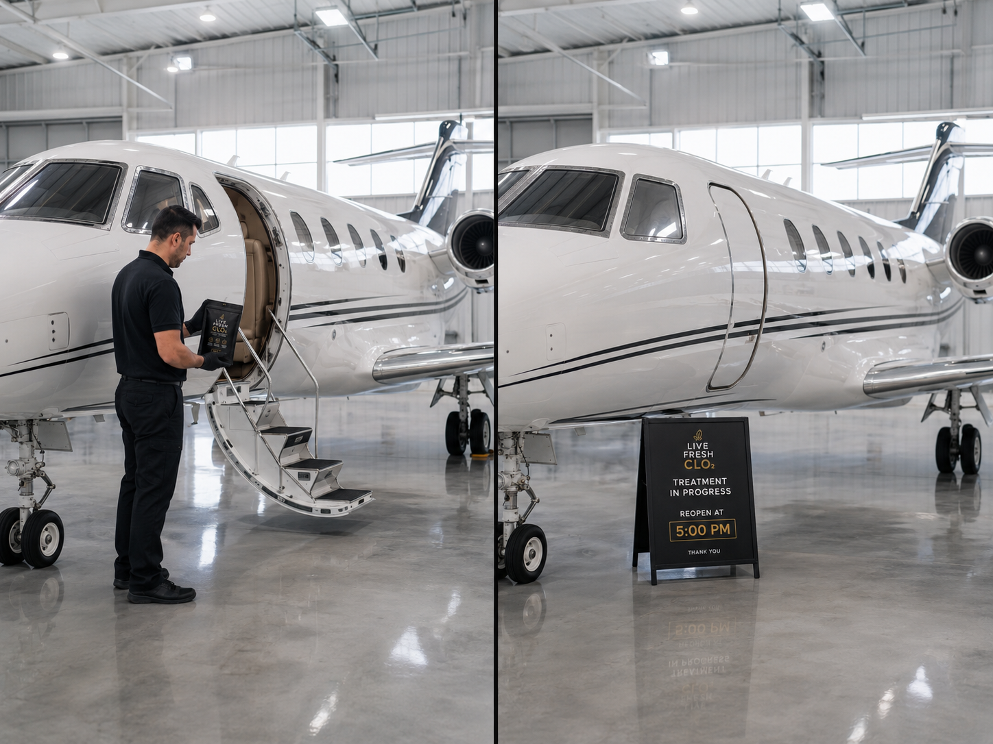 Live Fresh CLO₂ treatment in progress on a private aircraft.