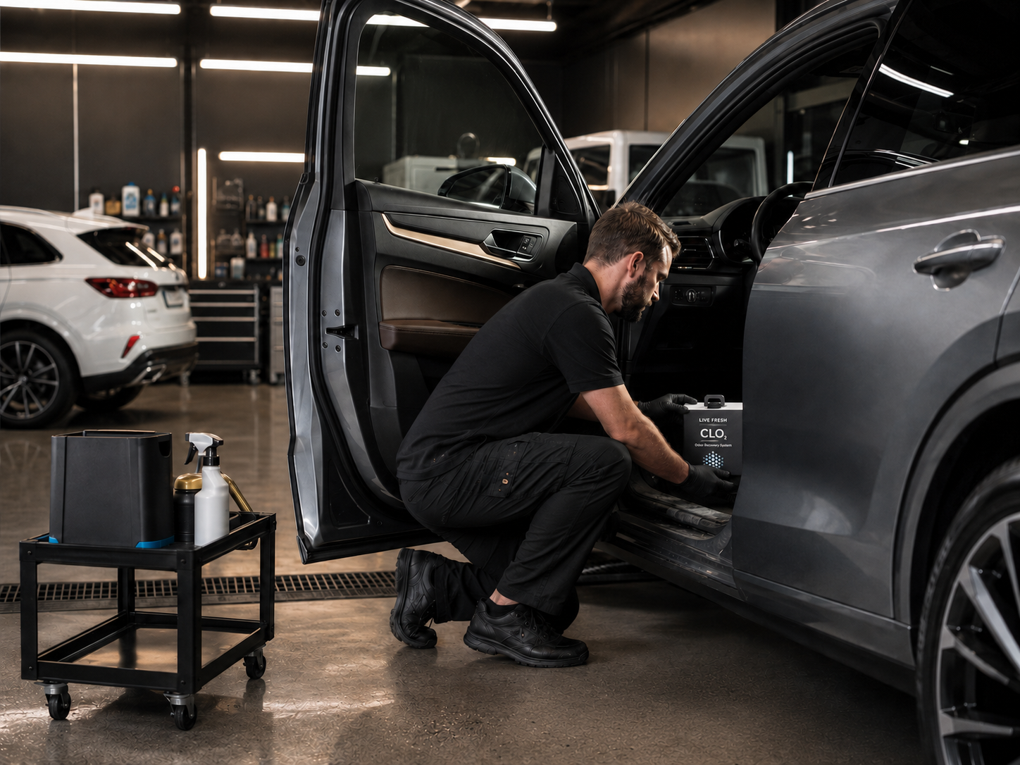 Technician placing the Live Fresh CLO₂ unit in a vehicle during treatment dwell.