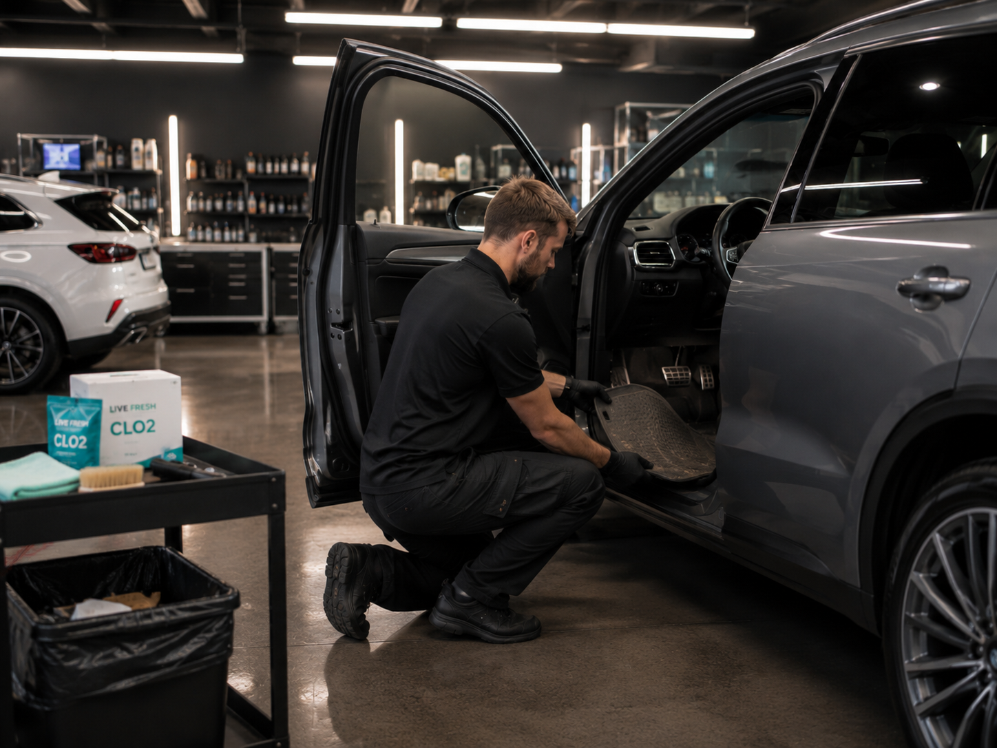 Recon technician removing the floor mat to clear debris and stage the Live Fresh CLO₂ kit on the service cart.