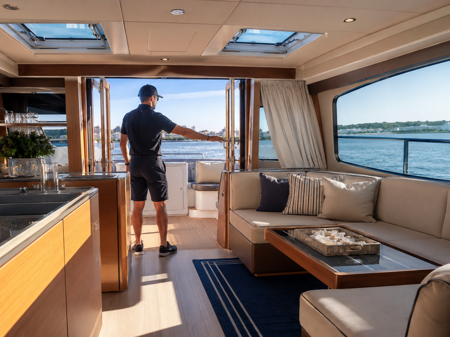 Crew member opening the salon doors of a yacht to ventilate the cabin.