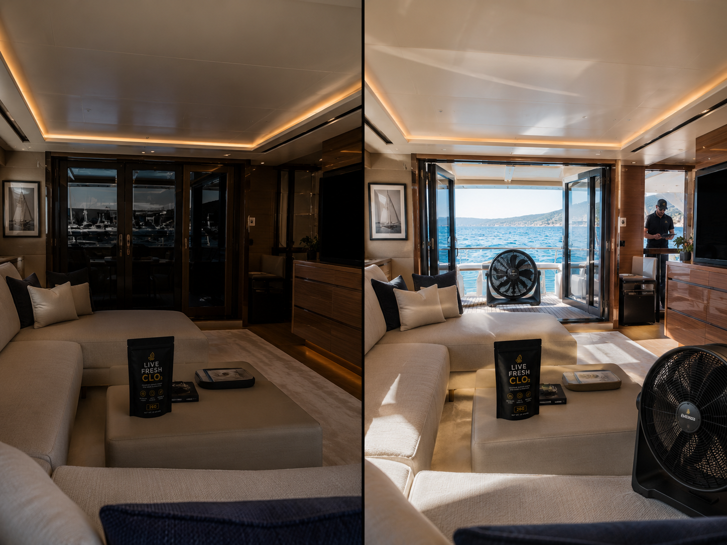 Marine cabin ventilating with fans after CLO₂ treatment.