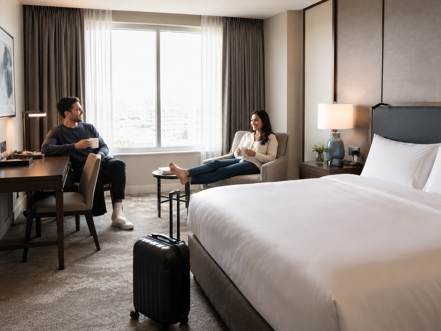 Two guests settled into a freshly recovered hotel room.