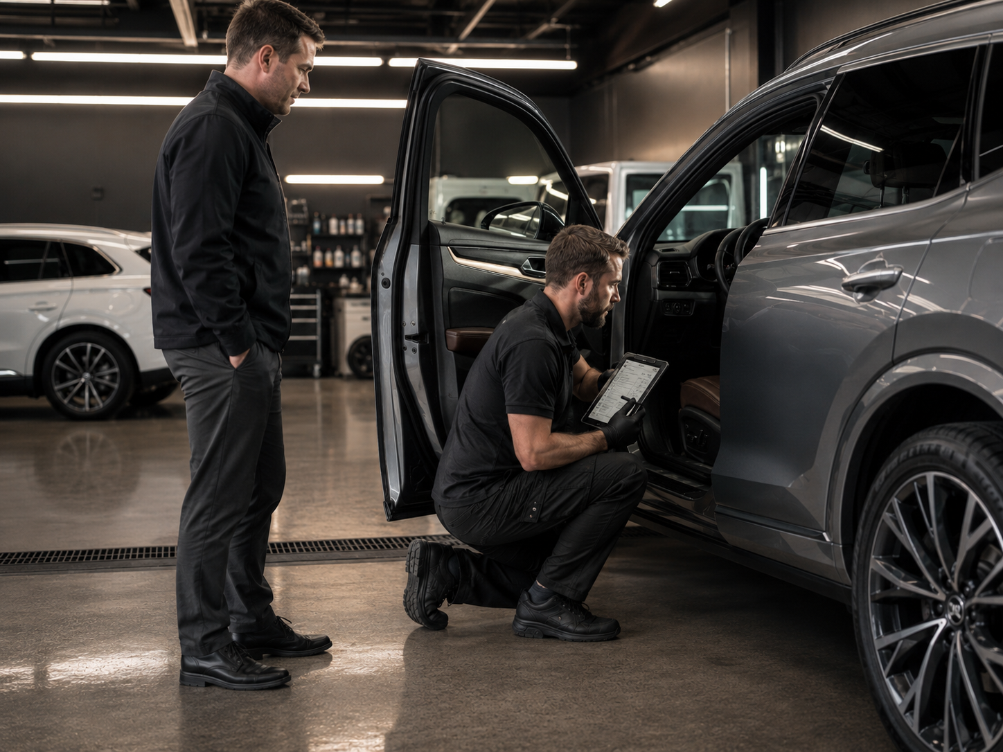 Manager and specialist reviewing the completed protocol card at the vehicle.