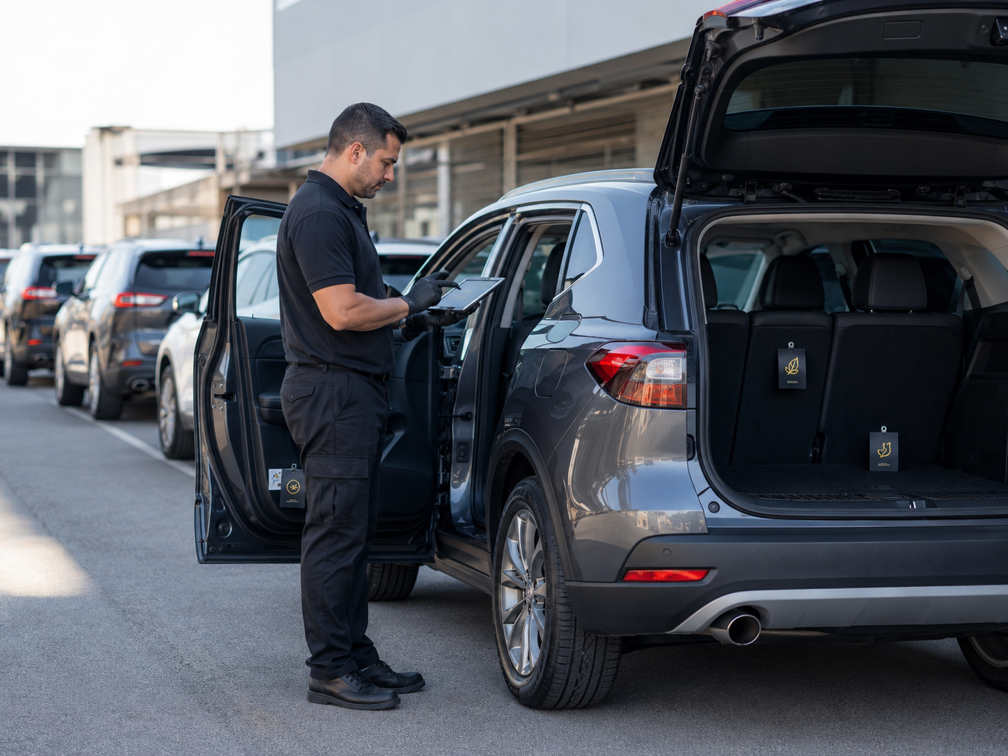 Operator inspecting a returned fleet vehicle on arrival.