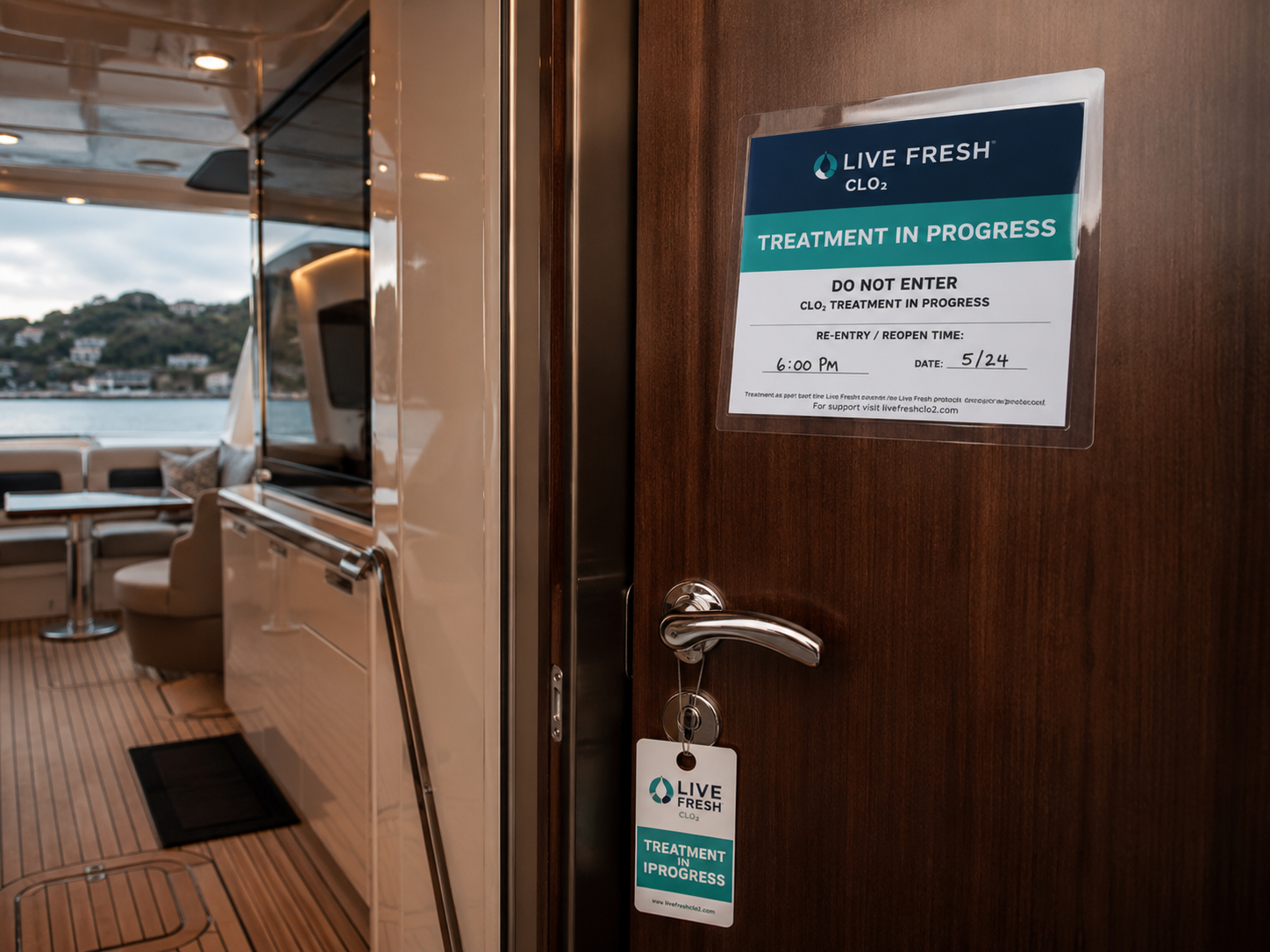 Yacht cabin door sealed with a Live Fresh treatment-in-progress placard and re-entry time.