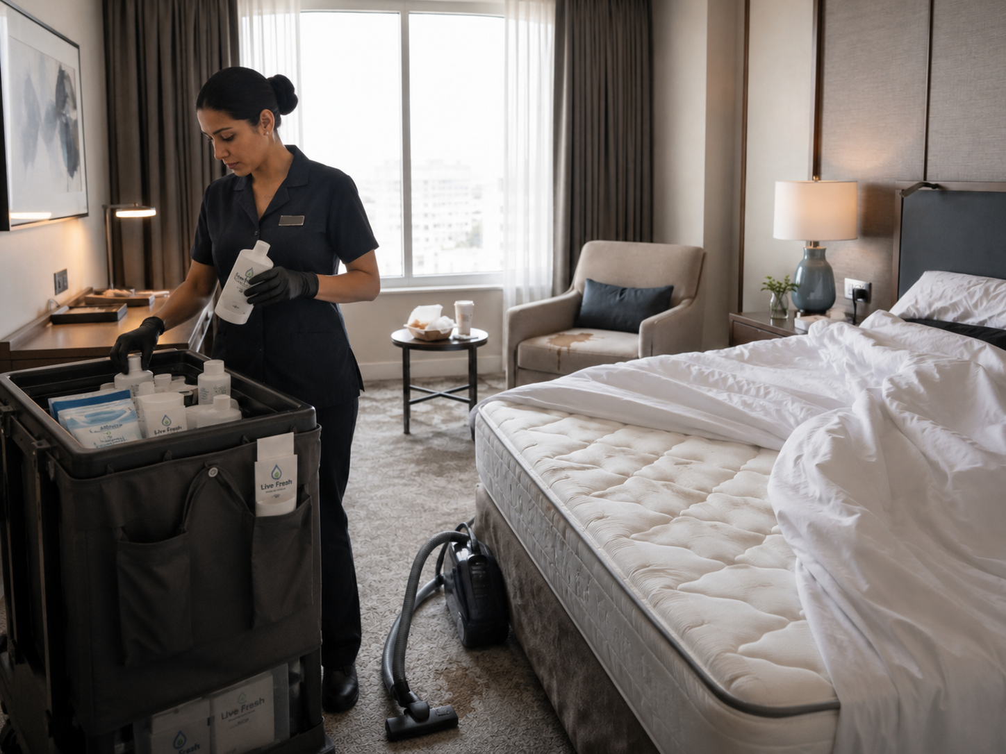 Housekeeper preparing the Live Fresh CLO₂ kit beside a stripped mattress.