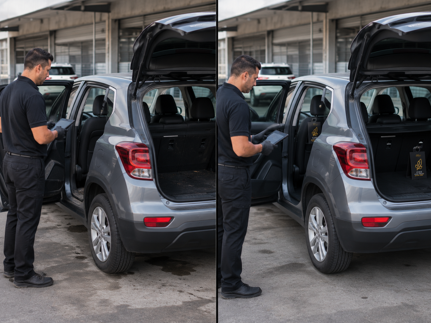 Operator inspecting a vehicle cabin before treatment.