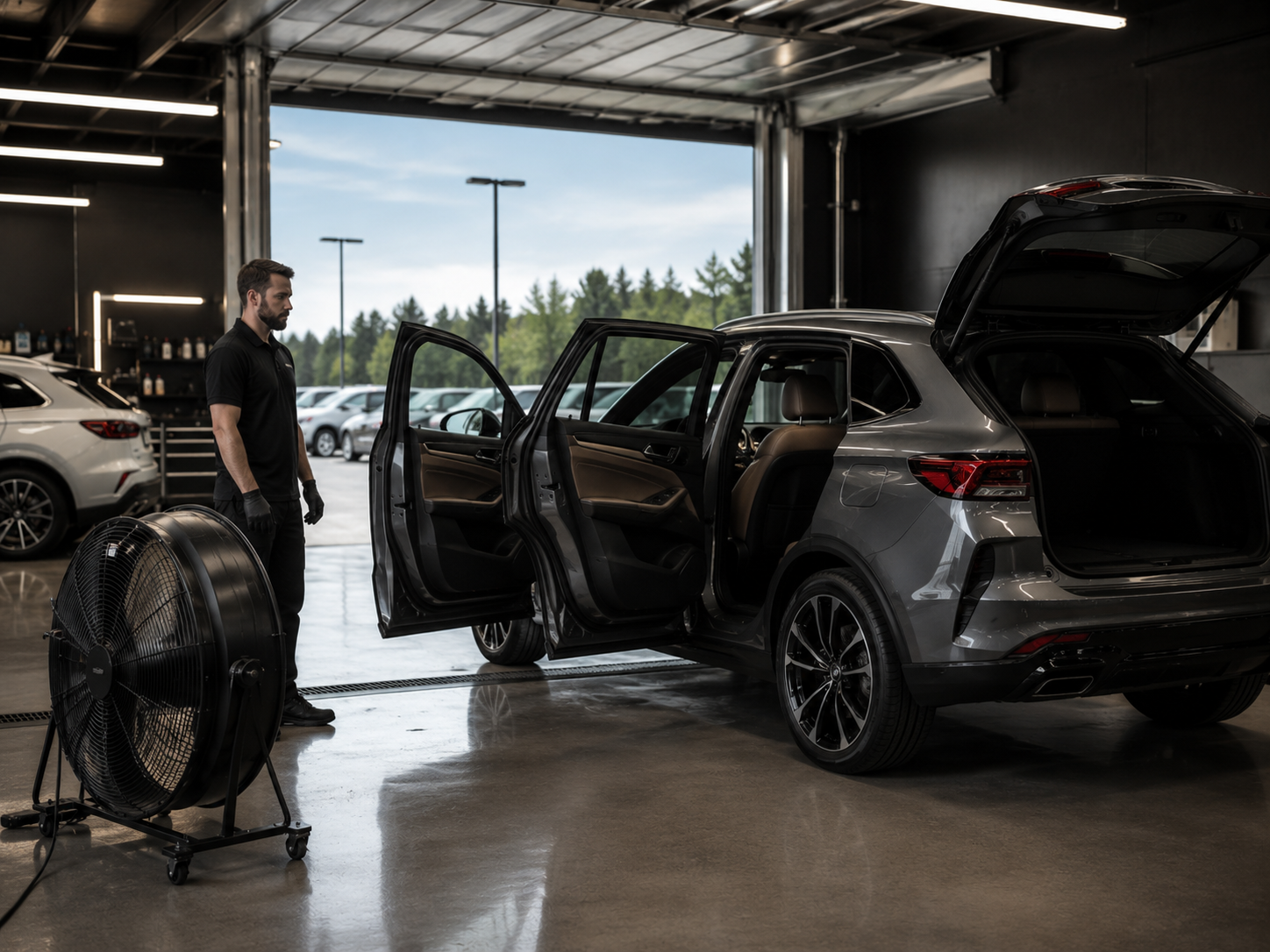 Vehicle doors and tailgate open with a high-volume fan ventilating the cabin.