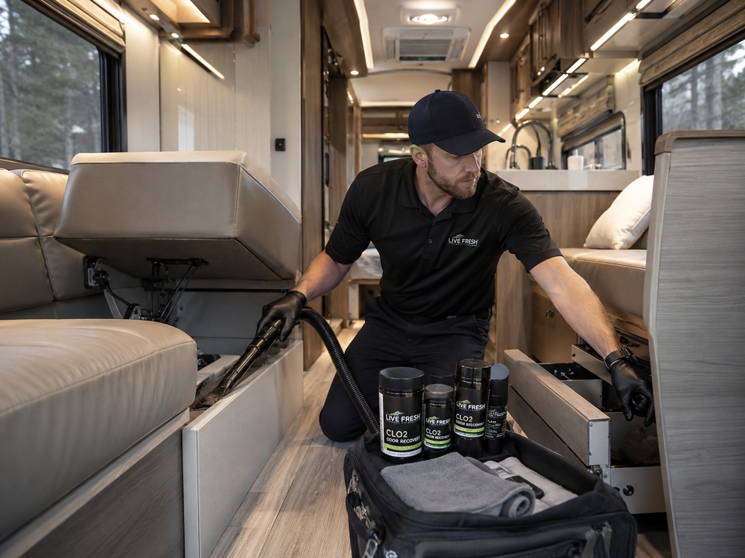 Live Fresh specialist staging CLO₂ kits and vacuuming under the dinette of an RV.