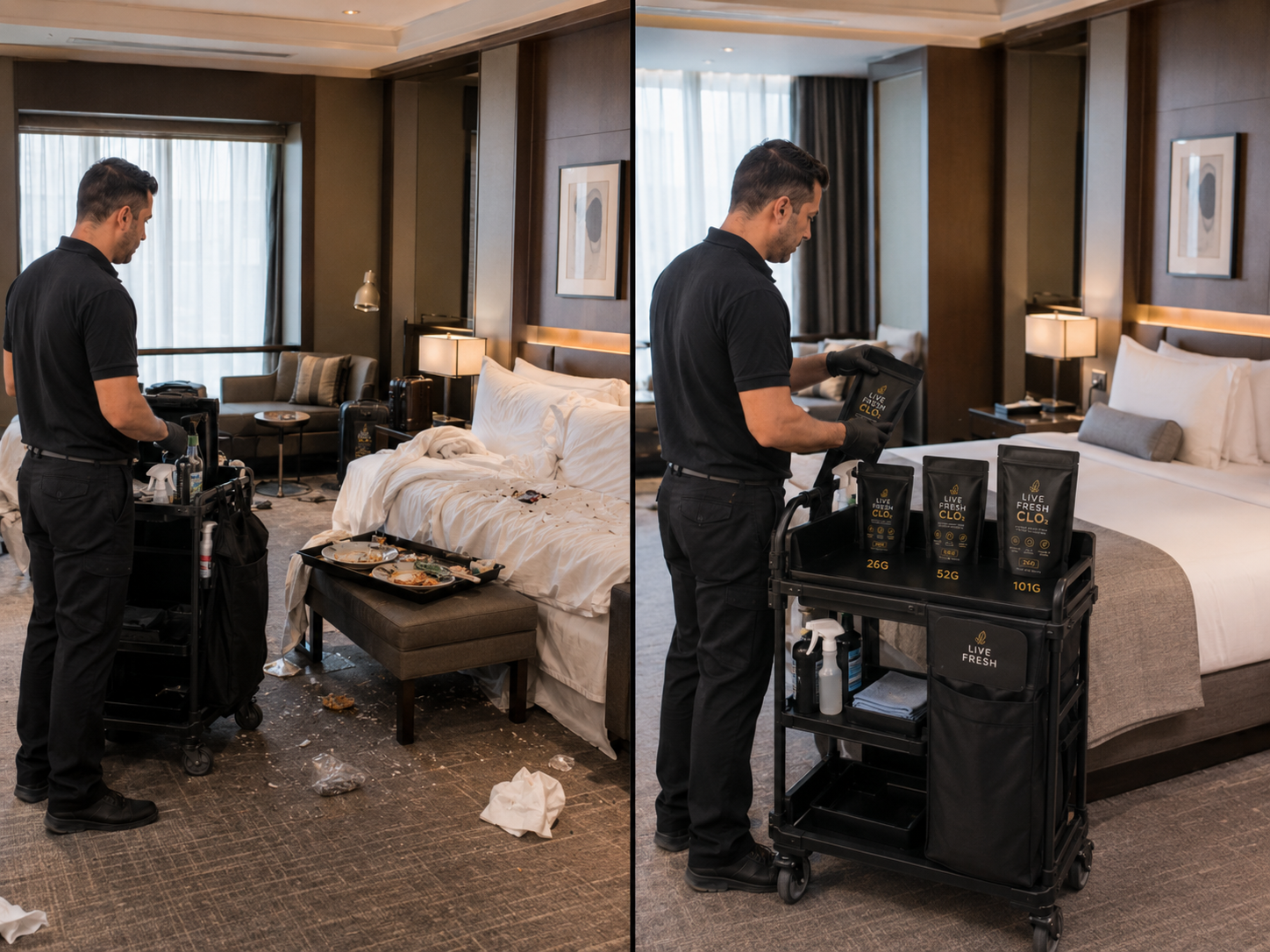 Operator staging the Live Fresh CLO₂ kit in a hotel suite.